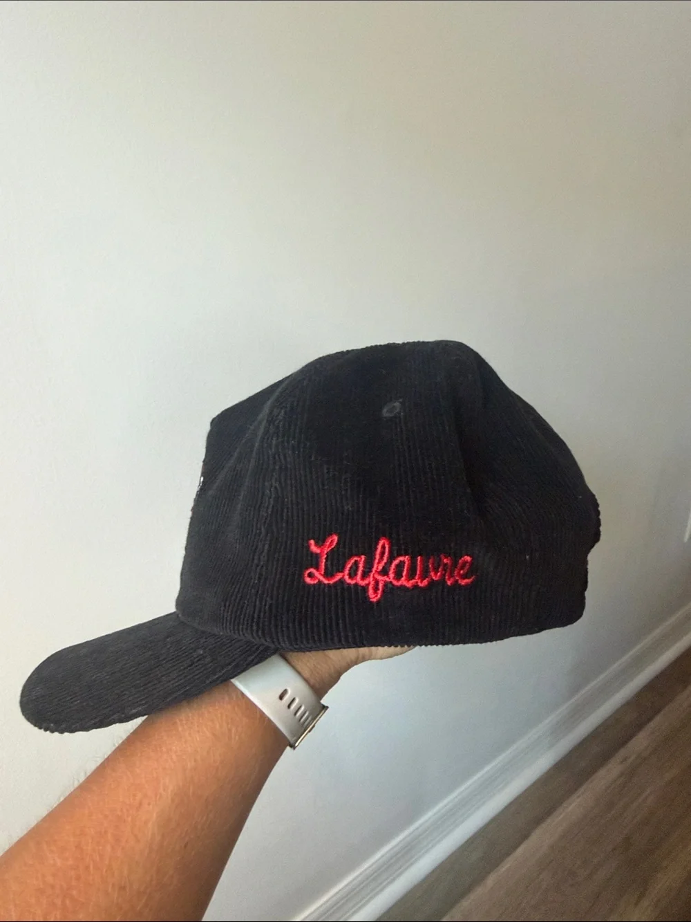 Black Corduroy Bulldog Cap with Red Accent